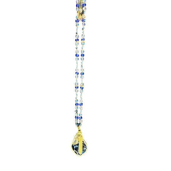 Blue and Crystal Beaded Necklace - with love - Long 36" Tassle - Picture 3 of 5